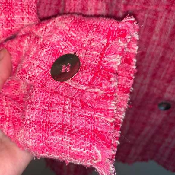 Zara Tweed Textured Woven Plaid Frayed Overshirt Shacket Shirt Jacket Pink S - Picture 5 of 16